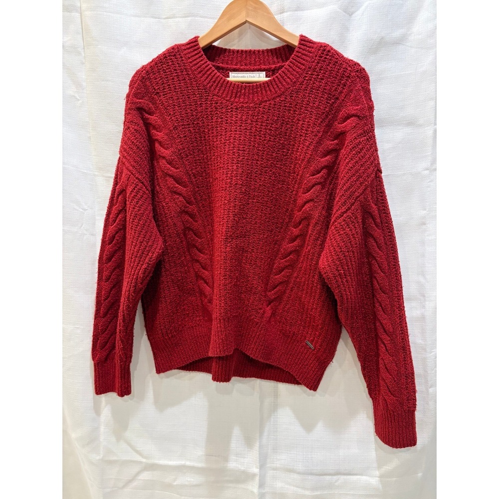 Abercrombie Fitch Red Cable Knit Crewneck Sweater Cozy Casual Women's Large - Picture 1 of 6
